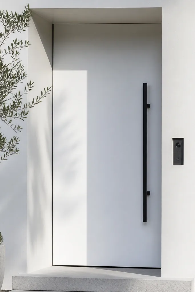 Matte white door with black vertical pull and a recessed doorbell panel