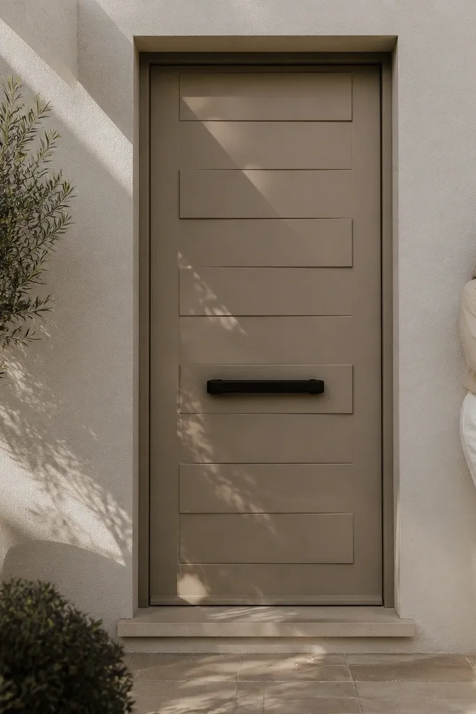 Warm greige door with stepped shadow gaps and a black horizontal bar pull