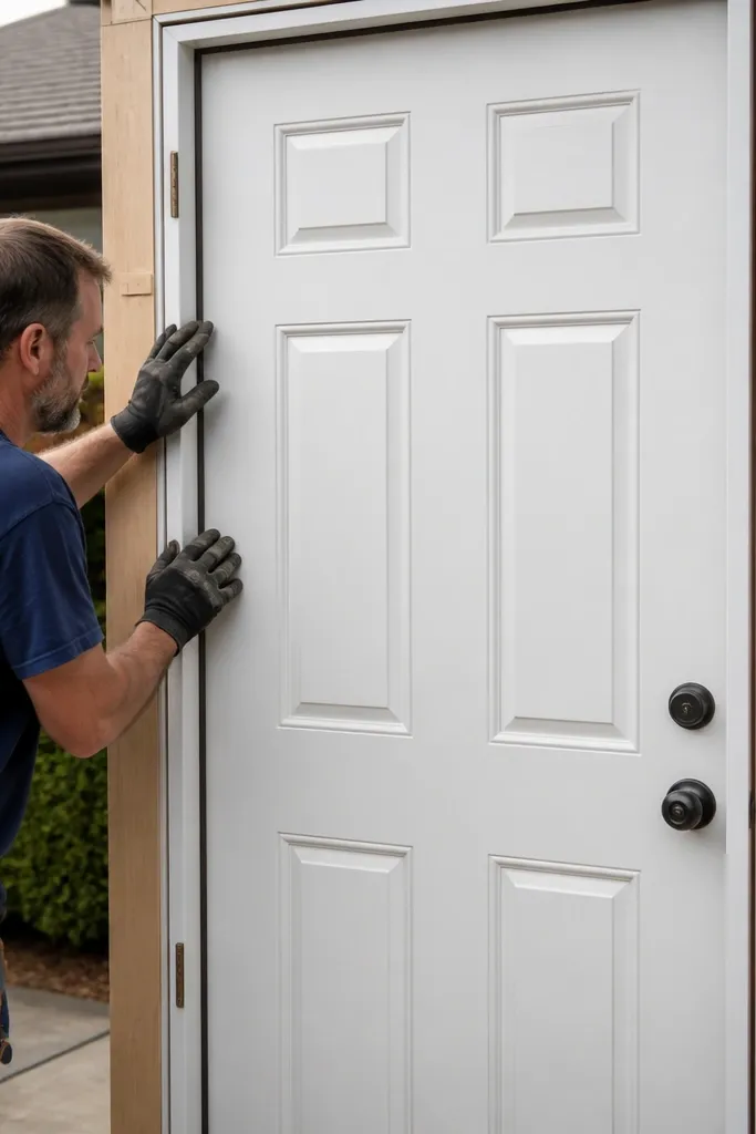 White 6-panel front door with a dark handle and black hinges