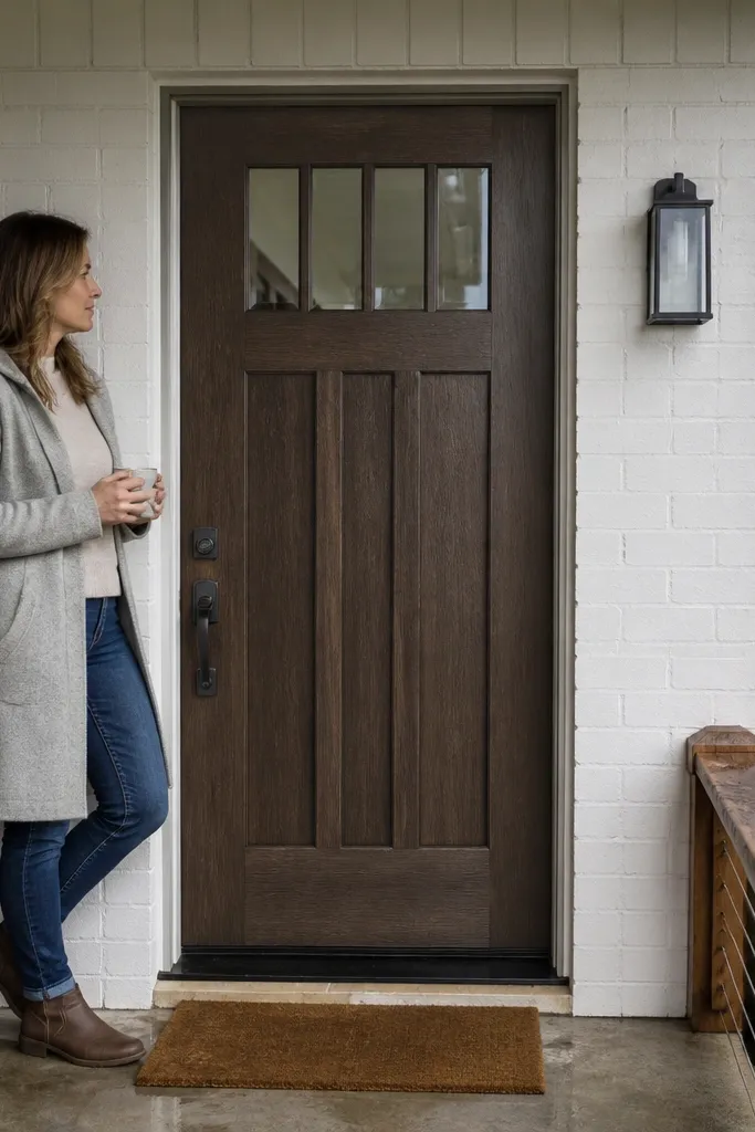 Oak-tone front door with a smooth finish and modern lever handle