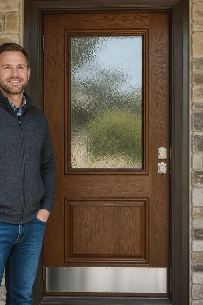 Wood front door with a single vertical glass panel and brass handle