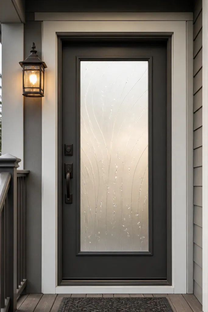 Frosted glass front door with a privacy pattern and dark exterior frame