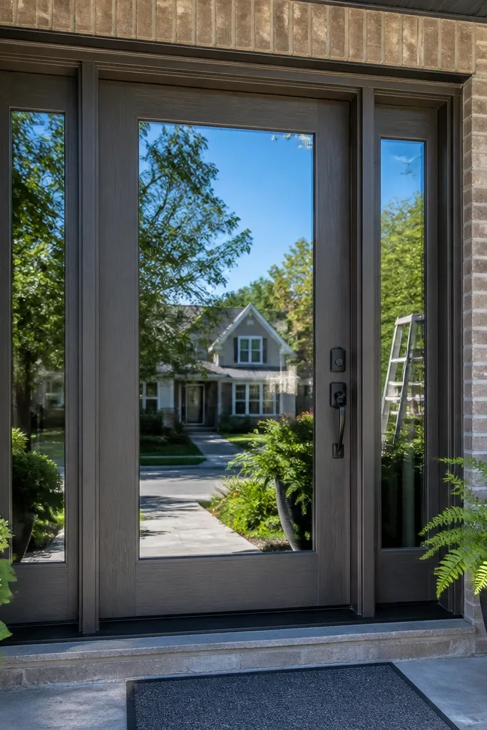 Clear glass front door with two narrow glass sidelites and a black handle