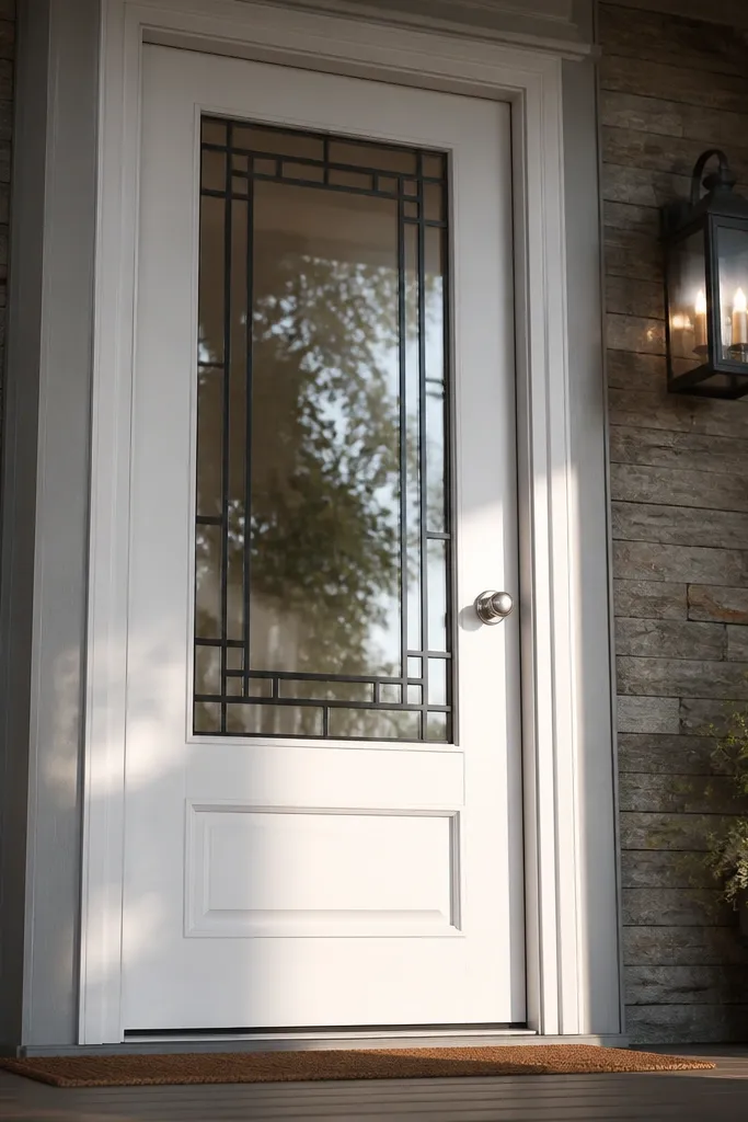 Front door with glass and a white grille pattern over the panels
