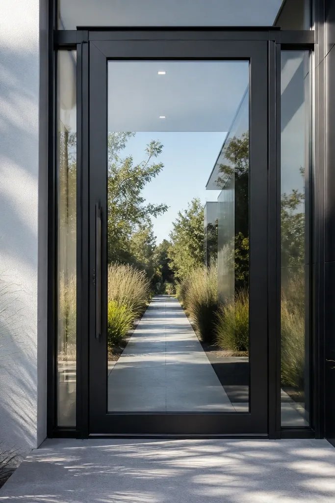 Full glass front door with a minimal frame and modern handle