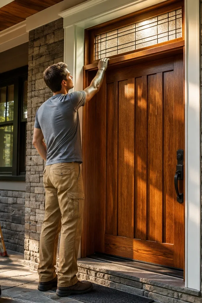Wood front door with a small glass transom above the main panel