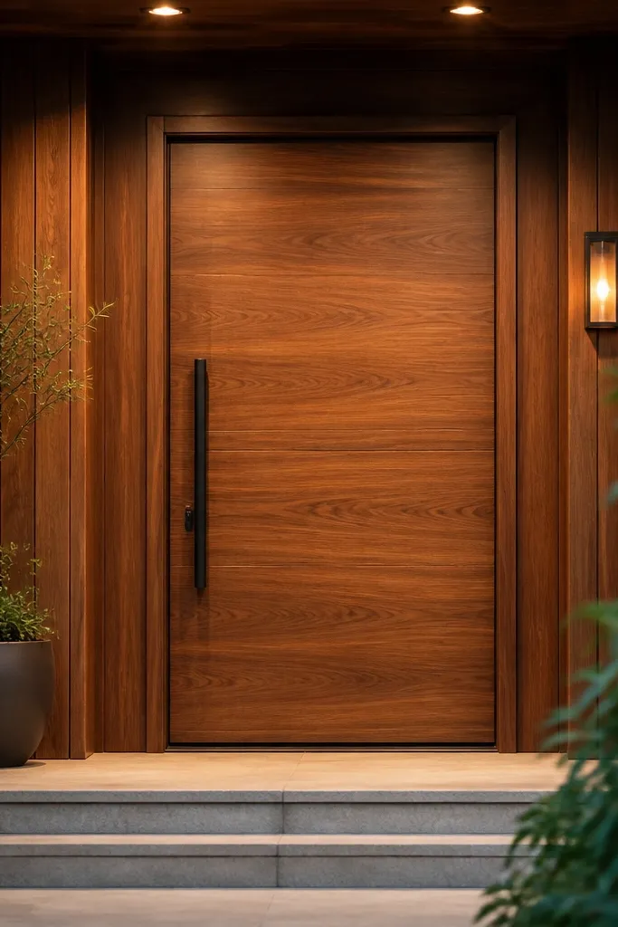 Warm wood veneer wrap on a front door with satin sheen and oil-rubbed handle