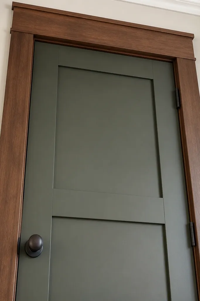 Walnut-stained shaker trim grid on a front door with black hinges