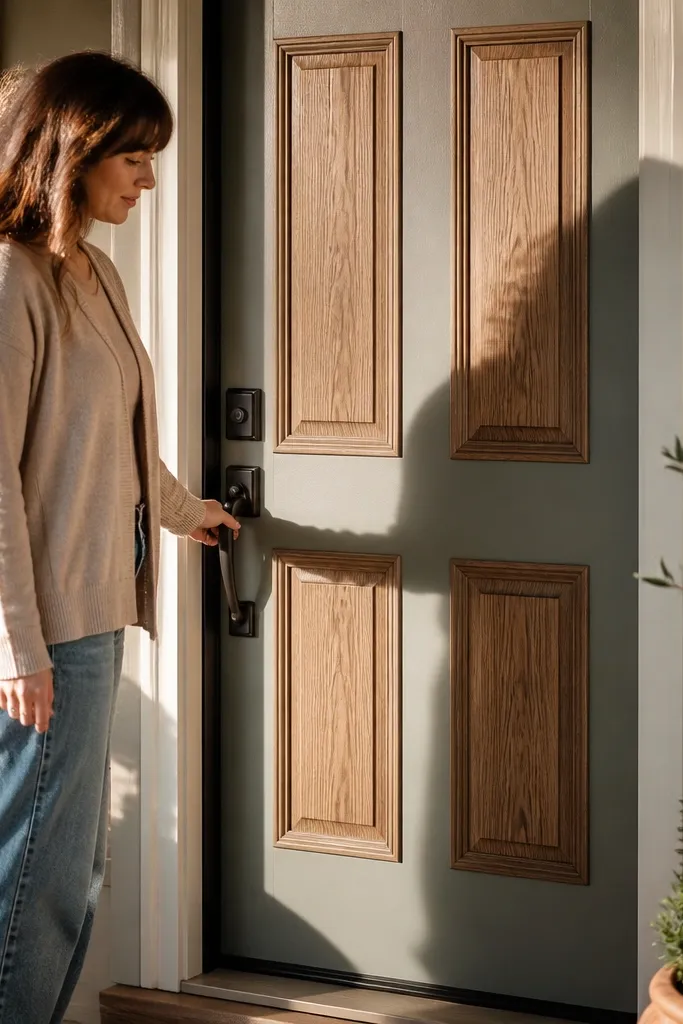 Wood-texture peel-and-stick insert forming faux raised panels on a door