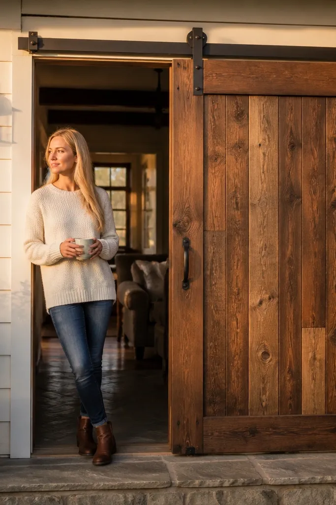 Rustic faux reclaimed plank door panels with warm brown tone and black hardware