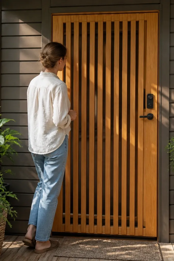 Wood slat screen mounted over front door with warm stain and lantern light