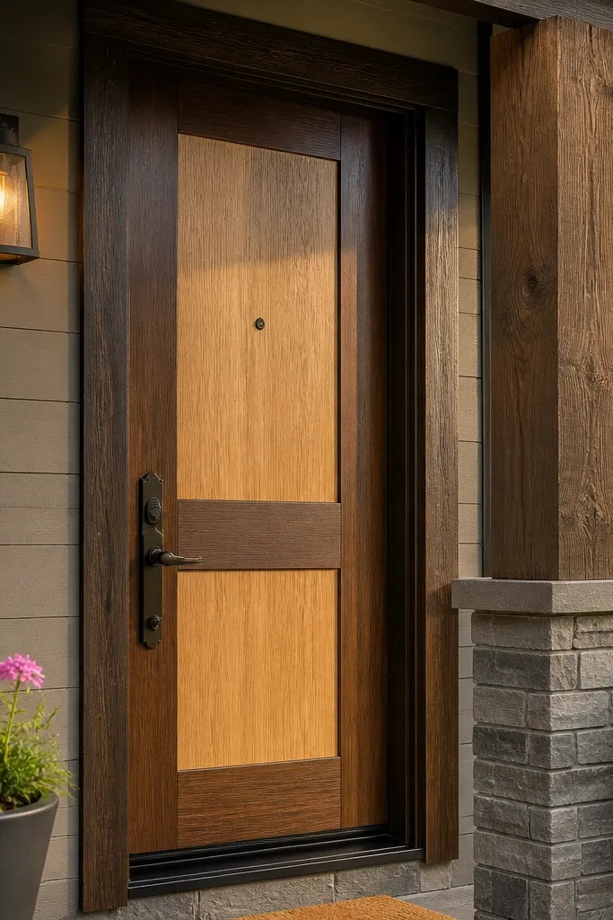 Two-tone front door with light oak center panels and darker walnut frame edges