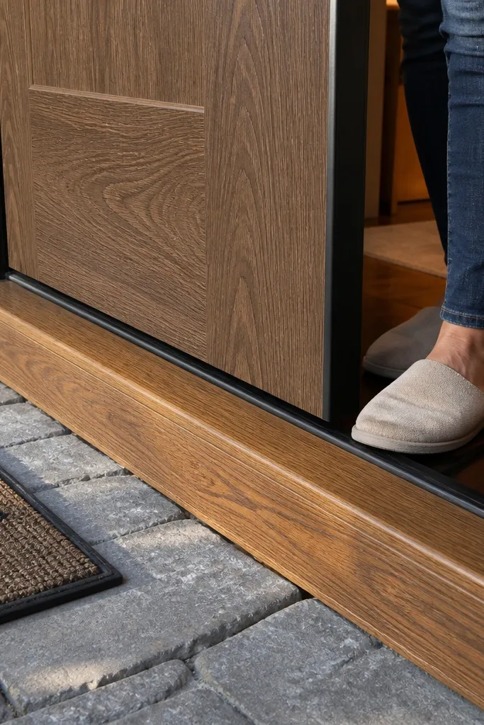 Warm wood-grain door with a real wood-look threshold and brass door knocker