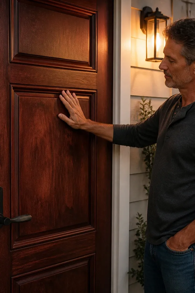 Mahogany-toned stained front door with satin clear and crisp panel shadows