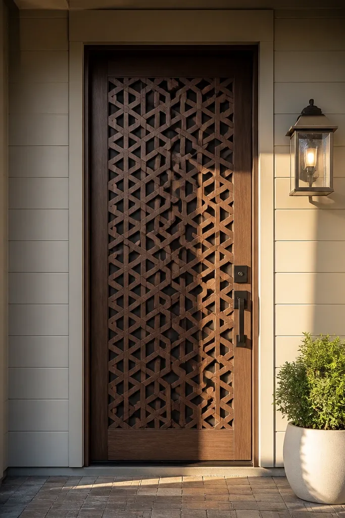 Warm wood-lattice decal pattern on front door with brass light and satin finish