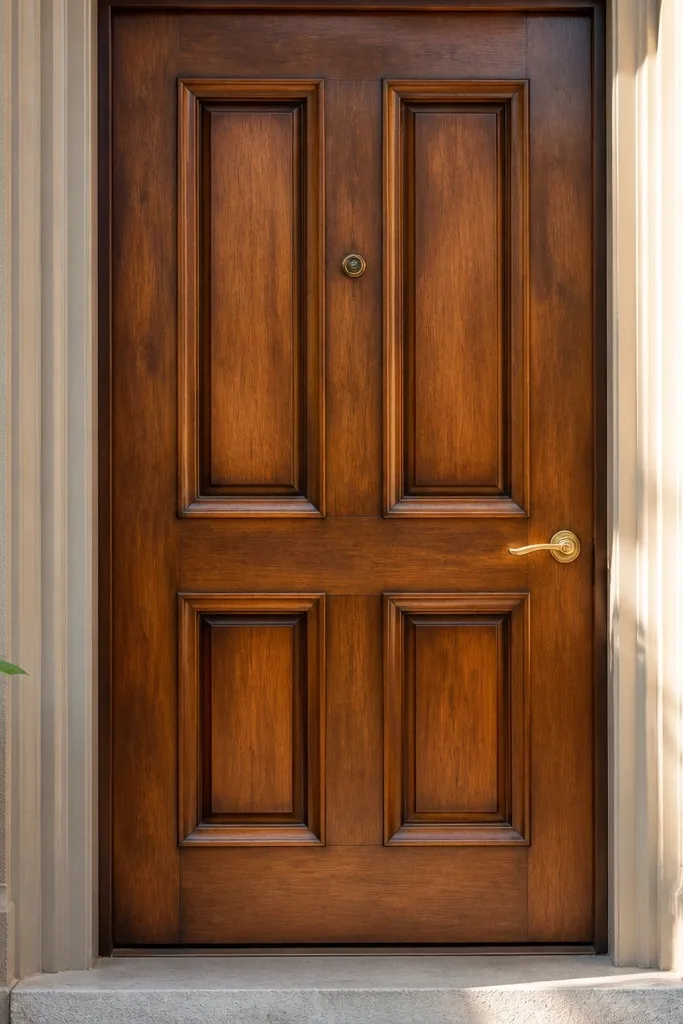 Door with warm stained panels and brass hardware with satin sheen
