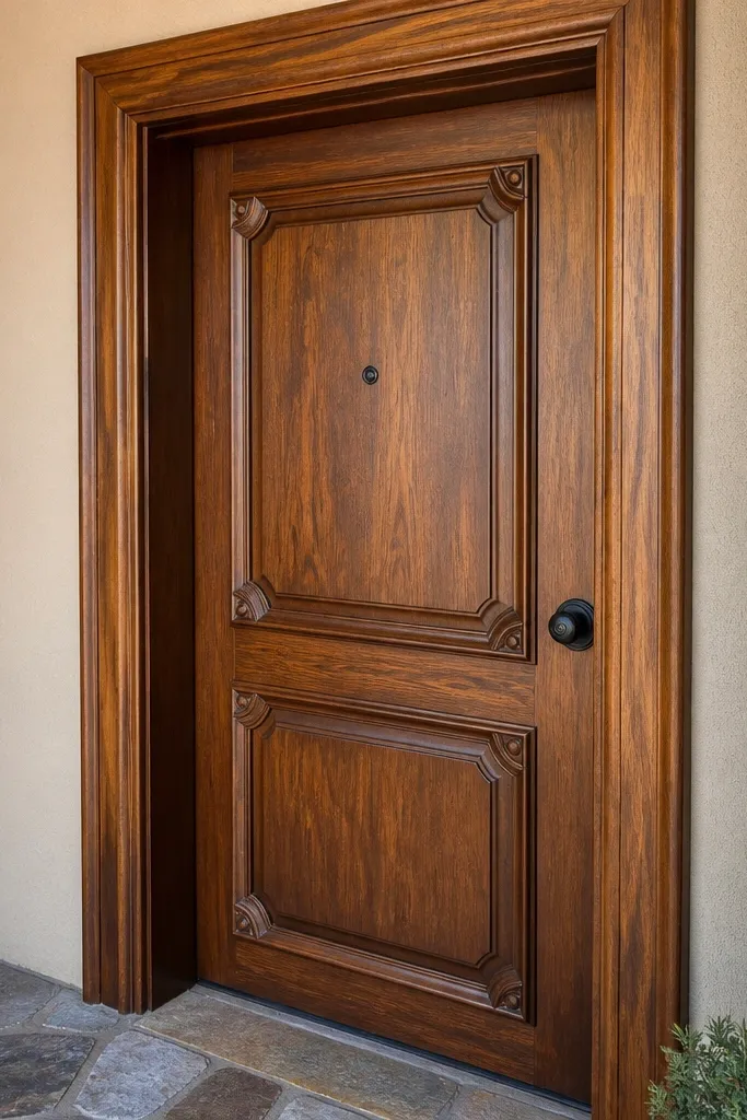 Door with stained wood panels and removable corner trim molding for framing