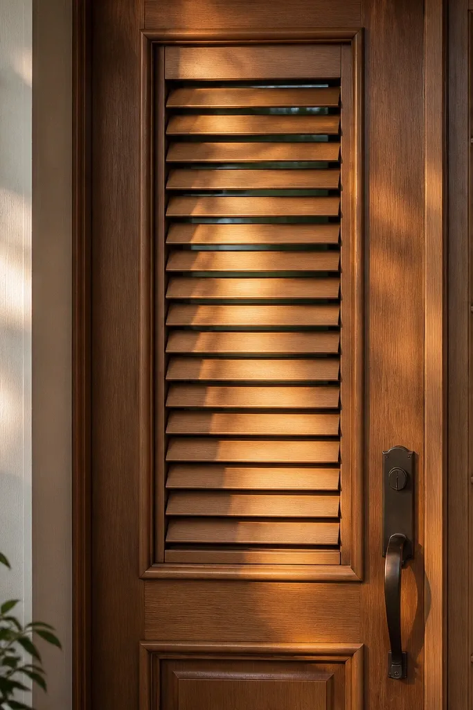 Wood louvers with warm stain and neat slat gaps on a main door