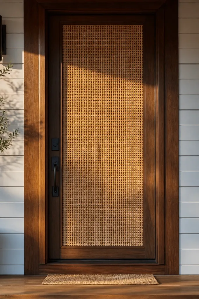 Stained wood frame with woven cane-style pattern panel on a front door