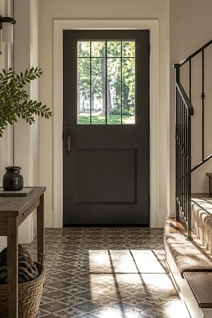 Front door with upper glass panel and vertical grille lines