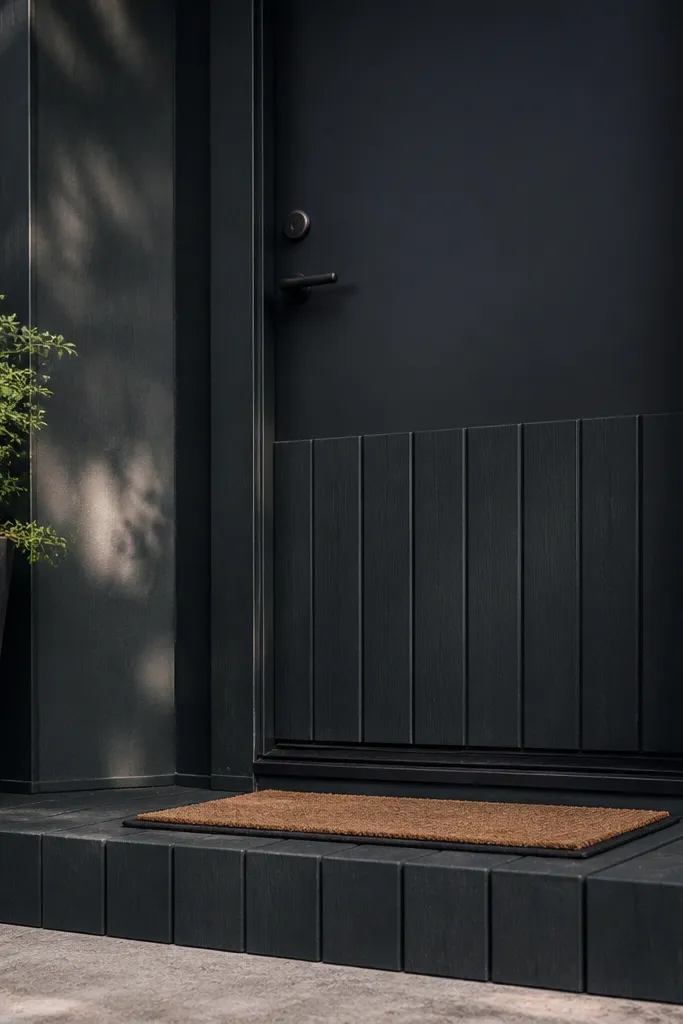 Dark shiplap-style front door with matching wood sill