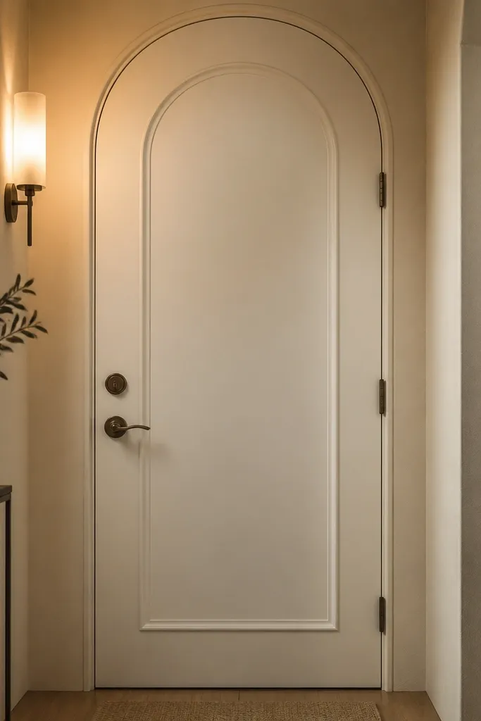 Door with recessed arch panel and bronze knob and hinges