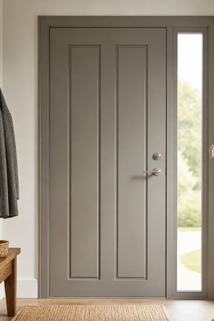 Front door with two vertical panels and a thin sidelight window