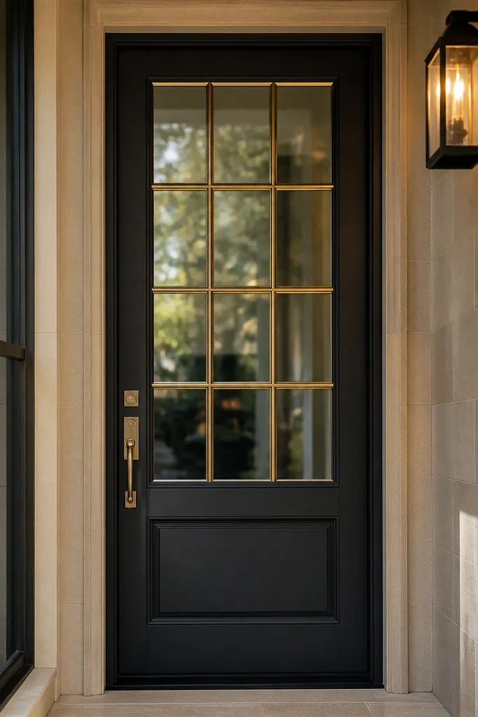 Matte black front door with brass grid window pattern