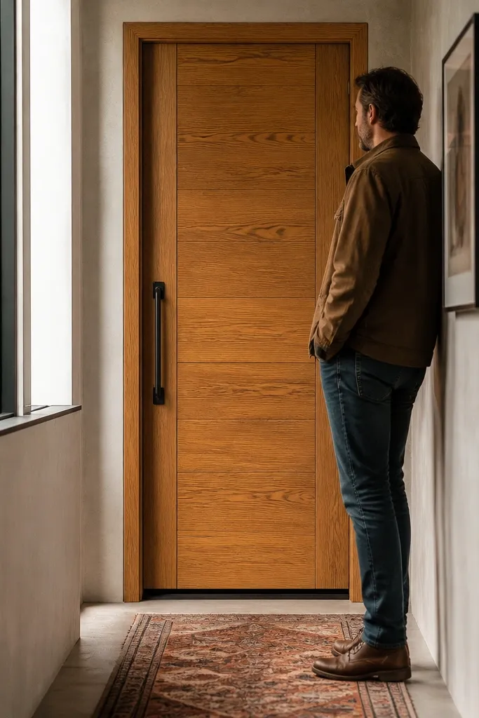 Light oak wood front door with black iron pull handle