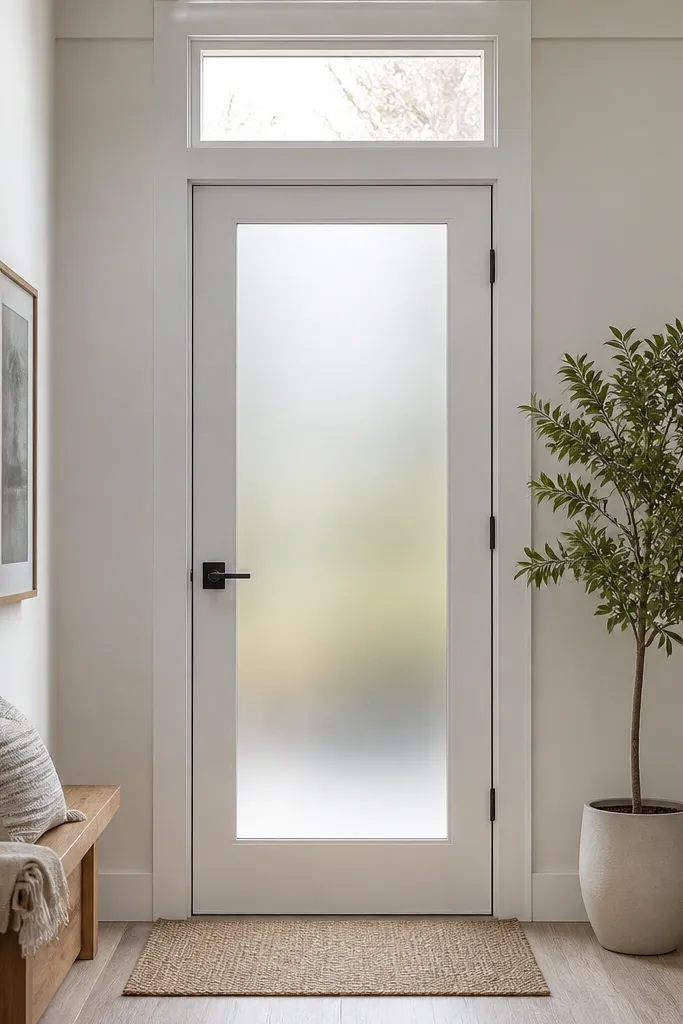 Tall frosted glass front door with thin dark trim