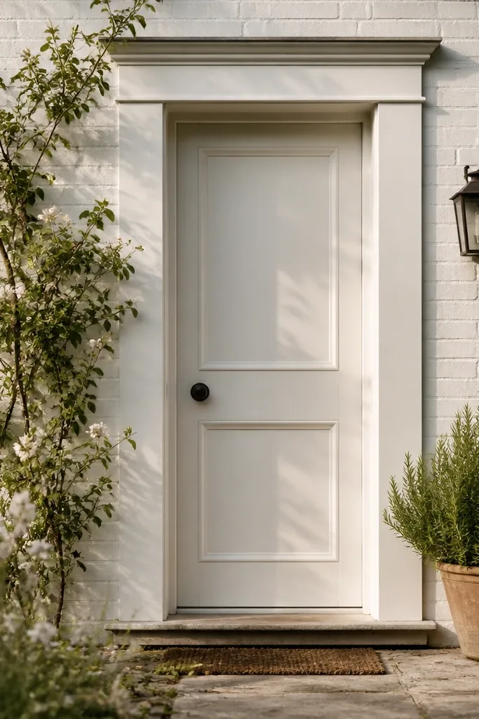 White cottage front door with two panels and wide casing