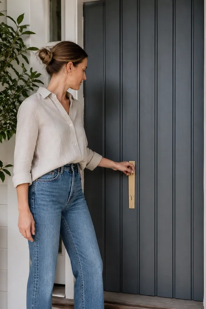 Board-and-batten front door with evenly spaced vertical slats