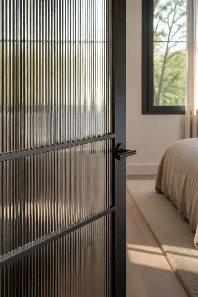 Door with reeded glass insert and a sleek steel frame