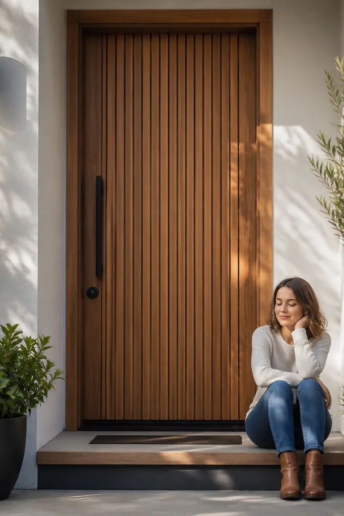 Front door with vertical slats and a small trim ledge below