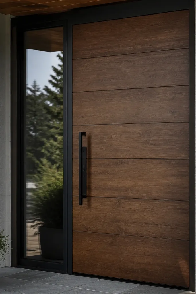 Front door with a reflective side panel next to the door frame