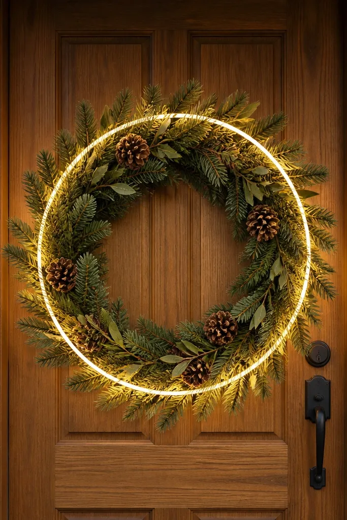 Wreath with a warm glowing ring around a front door