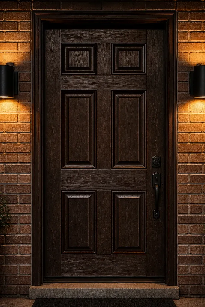 Front door with two wall sconces lighting the door panels