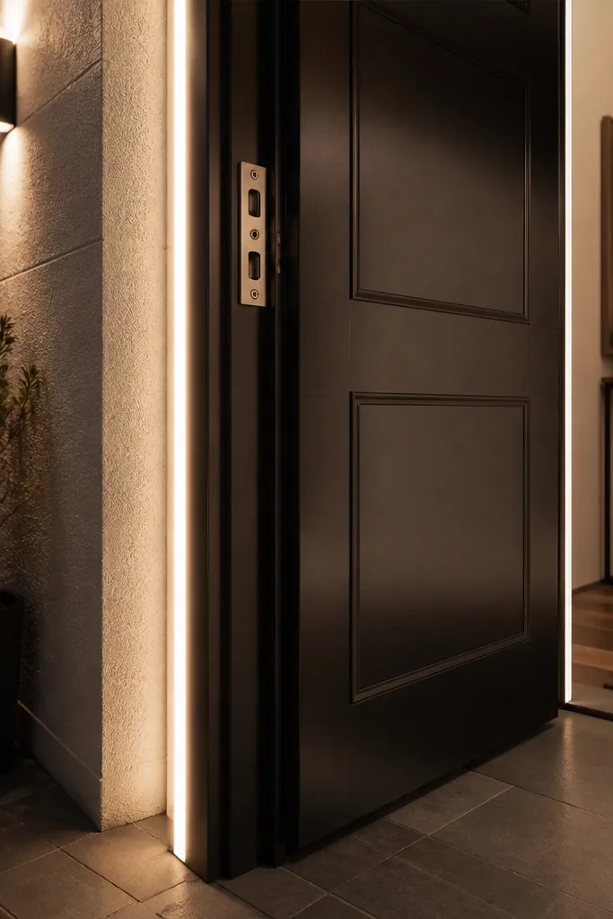 Subtle light glow along the edge of a front door frame