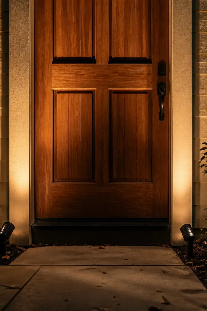 Two small landscape lights aimed up at the front door