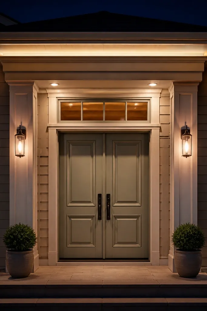 Soft light line glowing behind the top trim above the front door