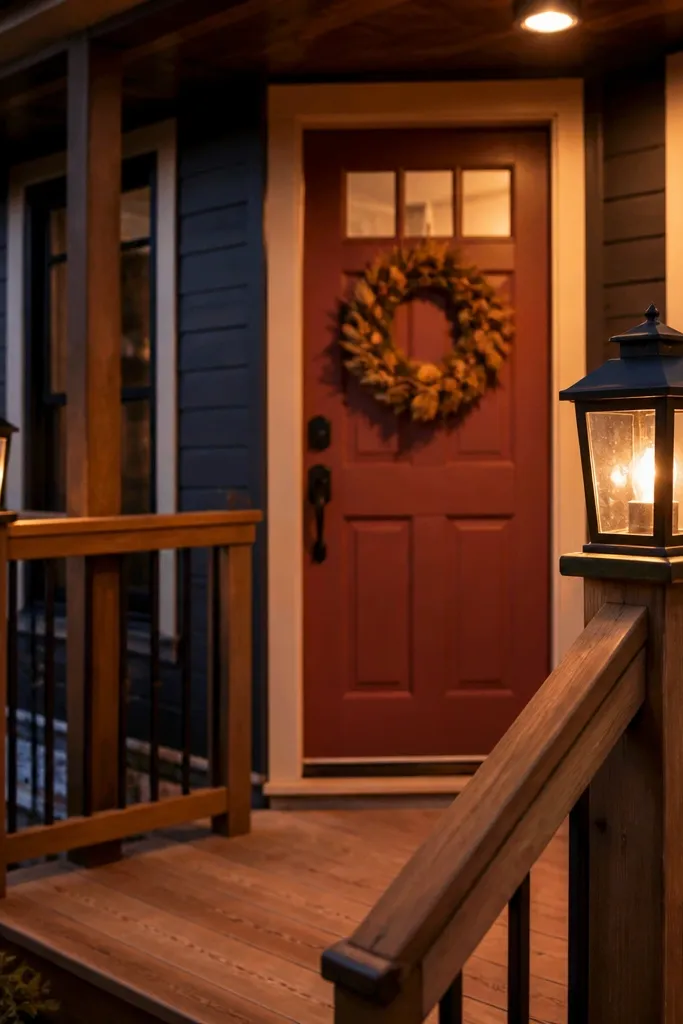 Warm lanterns on porch rail with a coordinated wreath on the door