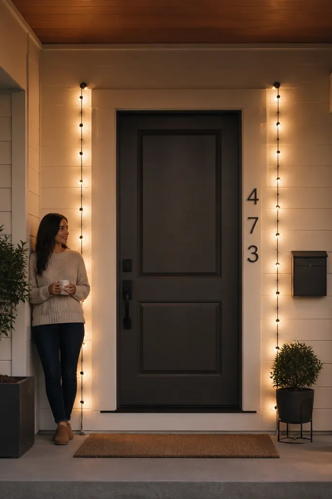 Warm string lights arranged as two vertical lines on either side of the door