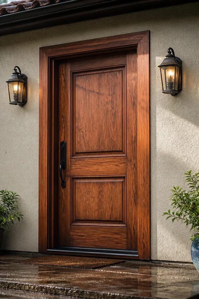 Medium warm wood-stained door with subtle grain and clear protective finish
