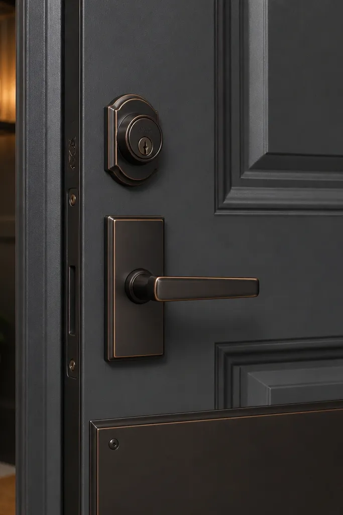 Oil-rubbed bronze deadbolt and lever set on a front door