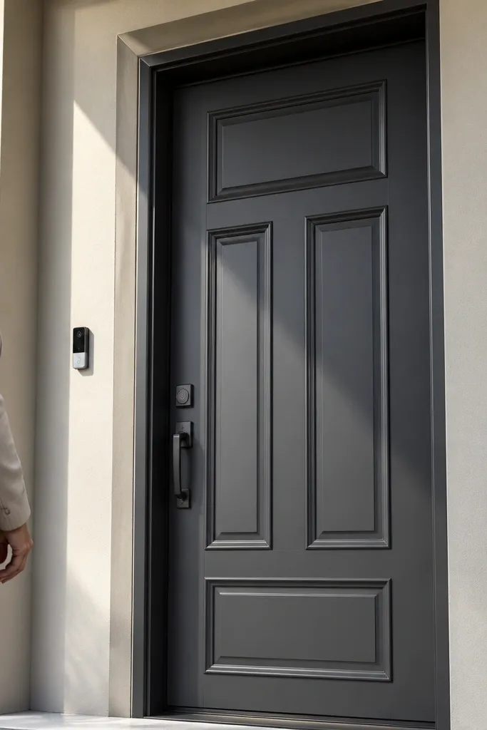 Door with faux raised panels that add depth and shadow lines