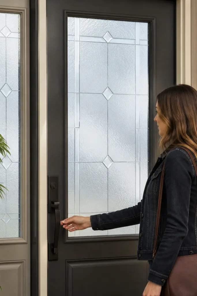 Front door window with geometric frosted film pattern