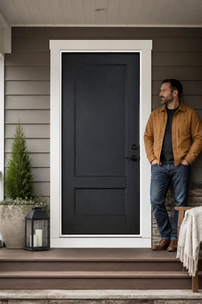 Door with clean rectangular trim frames around the panel area