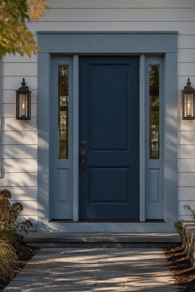 Two-tone front door with contrasting trim color and clean painted edges