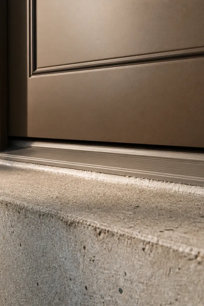 Bottom edge of door with clean sealed threshold and tidy caulk line