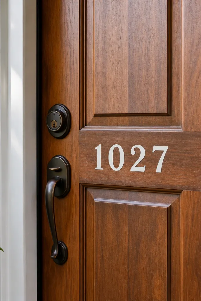 House number painted on the door with crisp stencil edges